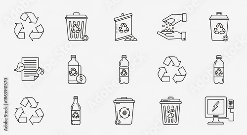 Recycling icons set including trash cans bottles and eco friendly symbols for environmental conservation and sustainability