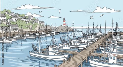 Coastal Fishing Harbor Illustration with Lighthouse and Boats