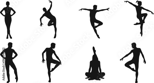 Black silhouettes of dancers and yoga poses, movement, flexibility, balance, fitness, meditation, expressive body art, yoga practice, healthy lifestyle, vector illustration.