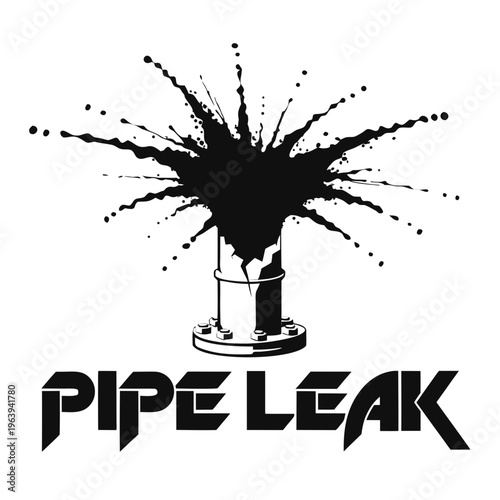 Industrial pipe bursting with black liquid spray, symbolizes environmental hazard