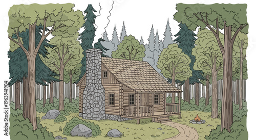 Cozy Log Cabin in a Forest Clearing Illustration