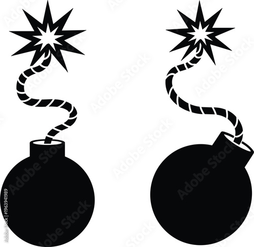 Bomb silhouette icons set vector illustration, explosive objects with burning fuse isolated danger warning symbol collection