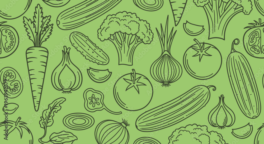 Fototapeta premium Seamless Pattern with Hand Drawn Vegetables on Green Background