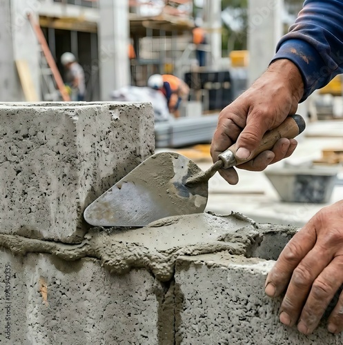 Construction Worker Laying Concrete Blocks with Trowel at Building Site Close-Up.