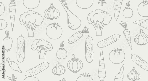 Seamless Pattern of Fresh Vegetable Line Art Icons