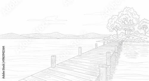 Hand Drawn Sketch of Wooden Pier Extending into Calm Lake with Distant Mountains