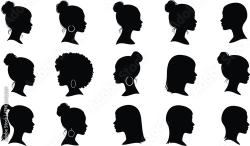 Black woman silhouette profile, female hairstyle collection, elegant afro beauty vector, side view portraits, fashion girl clipart illustration
