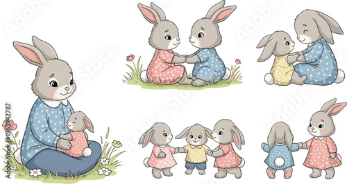Cute Bunny Family Cartoon Set with Mother and Baby Rabbits Hugging Playing and Wearing Polka Dot Clothes for Nursery Design Kids Illustration Vector Collection