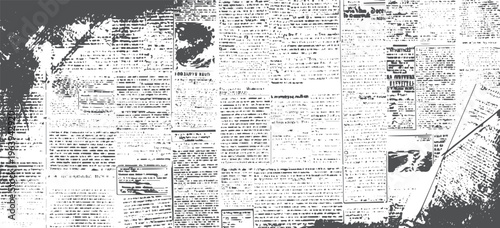 Distressed monochrome newspaper page texture with abstract ink splatters