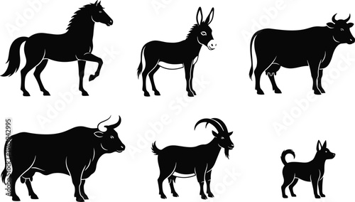Farm Animal Silhouette Vector Set Featuring Horse Donkey Cow Bull Goat And Dog For Rural Livestock Agriculture Design By flavector
