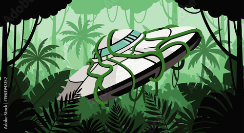 alien spaceship crash in a lush tropical jungle with an ufo wreckage covered in green vines depicting a mysterious discovery in nature.