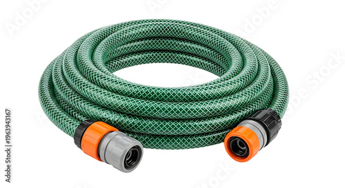 green garden hose with quick connect fittings coiled and ready for watering in home improvement and outdoor tasks