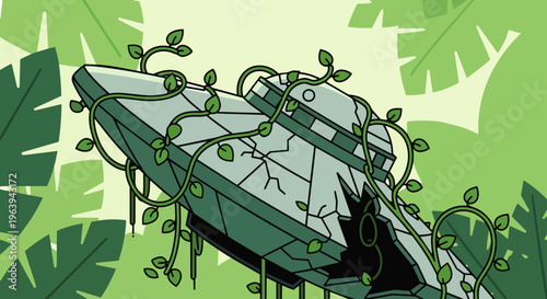 crashed spaceship in a vibrant green jungle overgrown with vines illustrating nature reclaiming derelict technology and mystery