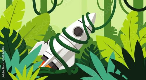 crashed rocket ship tangled in lush green jungle vines illustrating nature reclaiming technology and wild exploration.