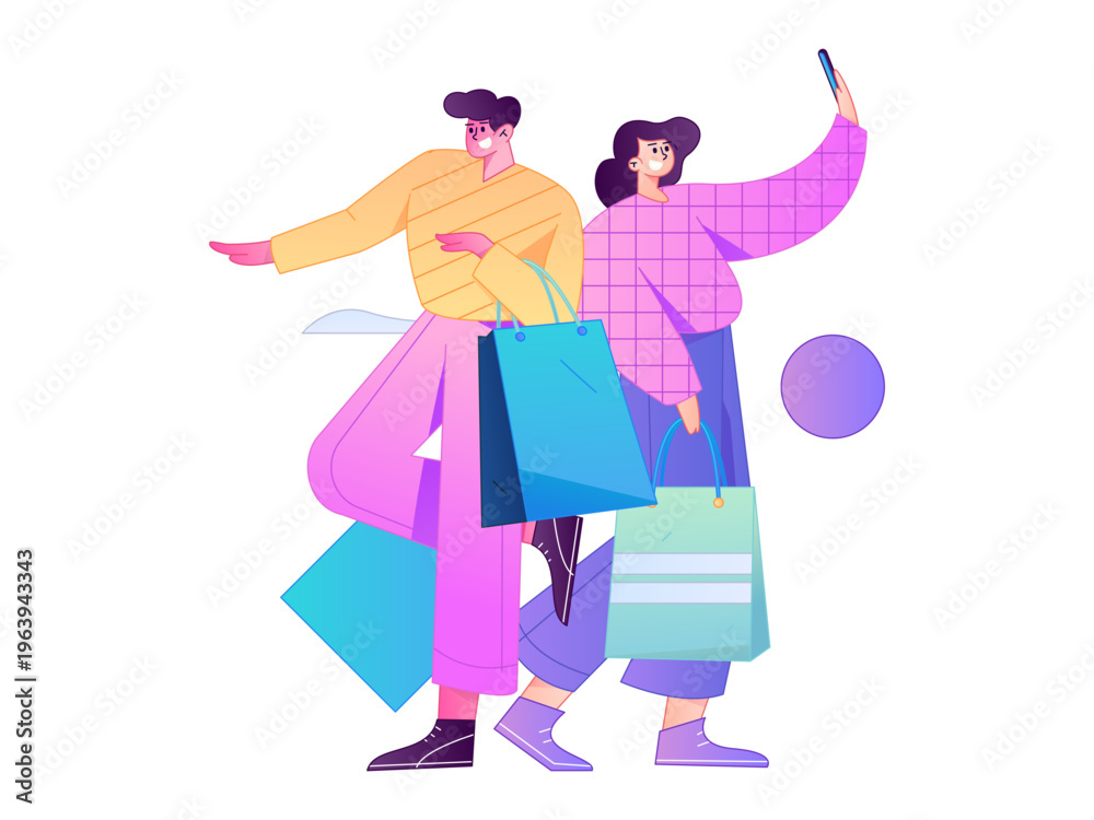 Obraz premium Holiday shopping people doing e-commerce online shopping flat vector concept operation hand drawn illustration 
