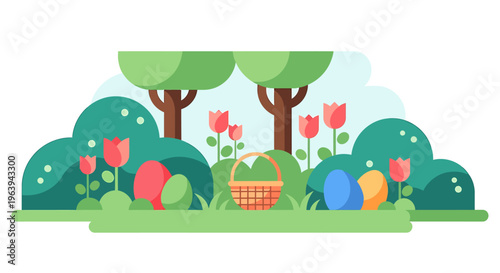 easter egg hunt spring holiday colorful eggs and a wicker basket in a vibrant flat design spring garden illustration.