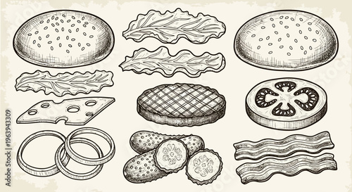 Hand Drawn Burger Ingredients Set Sketch
