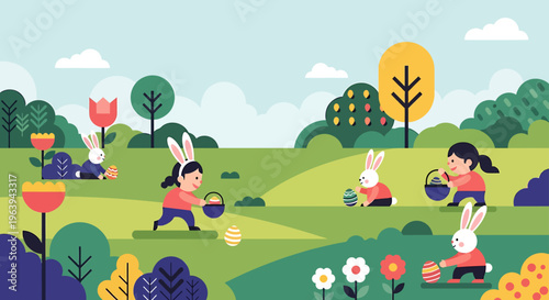 happy children and cute bunnies enjoy an easter egg hunt collecting colorful eggs in a spring park flat design illustration.