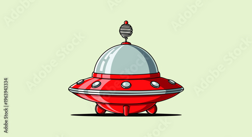 retro red ufo spaceship cartoon illustration a classic flying saucer with an antenna on a light green background.