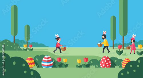 a family with bunny ears enjoys an easter egg hunt in a vibrant spring park collecting colorful eggs in their baskets