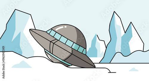 ufo crash with a flying saucer stranded in a cold arctic landscape amongst icy mountains depicting an alien spacecraft accident.