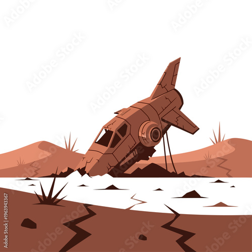 crashed spaceship wreck an abandoned futuristic rocket in a desolate dry desert landscape illustrating exploration failure.