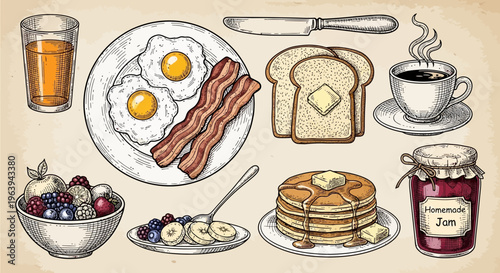 Hand Drawn Breakfast Set with Eggs Bacon Pancakes and Coffee