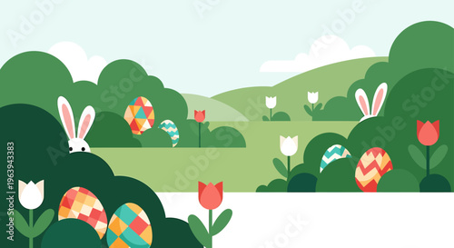 easter egg hunt illustration featuring a cute easter bunny peeking from green spring landscape bushes hiding colorful eggs and tulips.