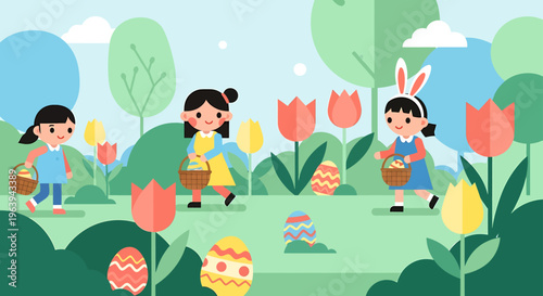 easter egg hunt with children enjoying spring outdoor activity collecting colorful eggs in a vibrant green park with tulips in flat design.