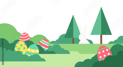 easter egg hunt with colorful eggs and a cute bunny peeking from bushes in a playful spring green landscape