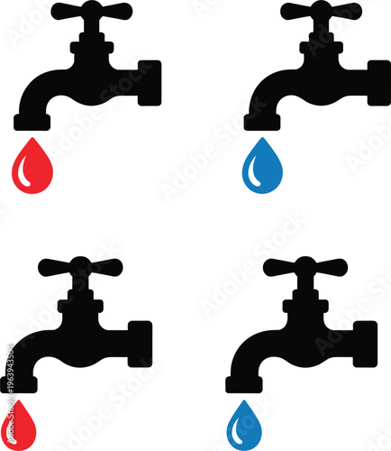 Water tap icons set vector illustration, faucet silhouettes with drops in red and blue plumbing design collection