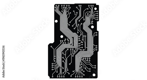 Black circuit board with white traces and multiple drilled holes isolated on white