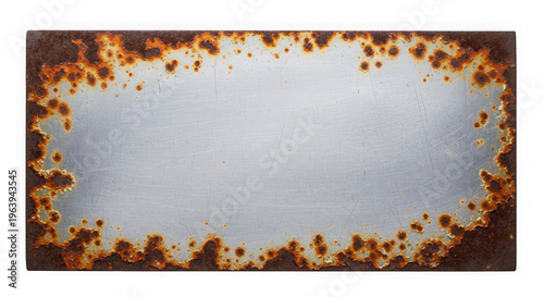 Rusty metal plate with burned edges isolated on transparent background