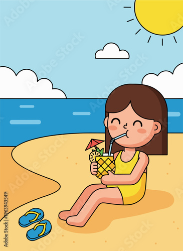 Cute woman drinking tropical juice on beach summer holidays vacation flat illustration