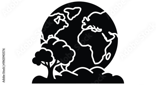 A stylized depiction of earth with a tree and clouds representing ecology	