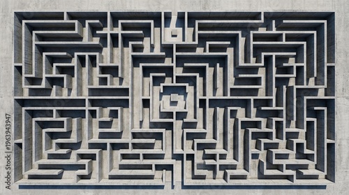 Minimalist concrete labyrinth viewed perfectly from directly above safely represents the navigation of severe bureaucratic complexities.