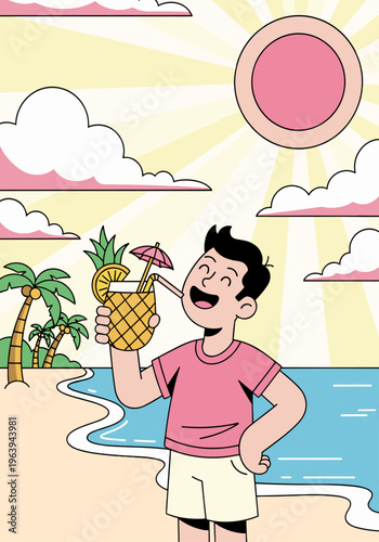 Man enjoying tropical drink on beach summer holidays flat illustration