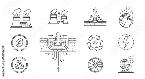 Geothermal energy concept illustration showing extraction of heat from the earth to power an industrial plant
