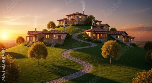 Elegant hillside houses under a sunset sky scenic landscape design illustration