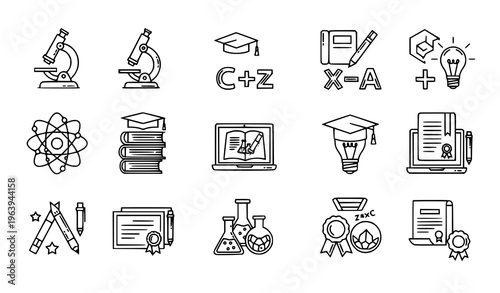 Education and science outline icon clusters academic learning study tools and success symbols vector collection