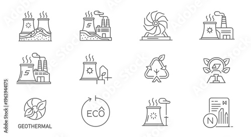 Sustainable and Conventional Energy Production Icon Set Highlighting Geothermal, Thermal Plants, and Eco-Friendly Power Generation Technology