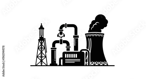 Industrial Factory with Cooling Tower, Water Tower and Pipes, representing energy and manufacturing processes