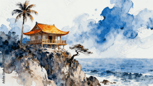 Ocean Edge Cliffside House by the Sea isolated watercolor vector illustration svg