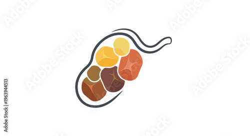 Abstract depiction of varied colored pebbles enclosed in a curved line