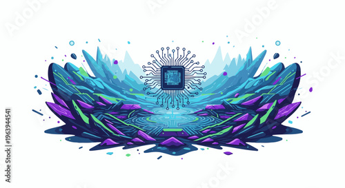 Abstract digital art featuring a central processor surrounded by icy blue and purple crystalline structures