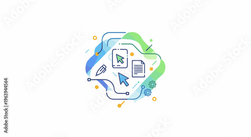 Abstract digital design with cursors, pen, document, and gears