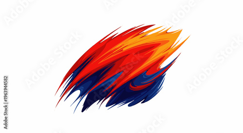 Abstract explosion of fiery red, orange, and deep blue energetic brushstrokes