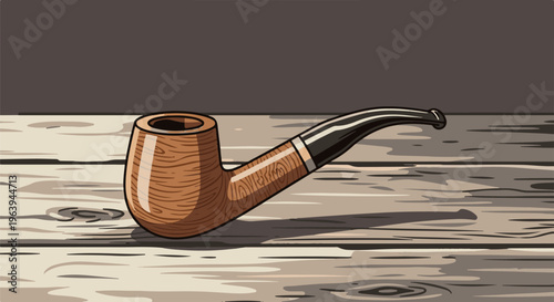 A wooden pipe with a dark stem rests on a weathered plank surface