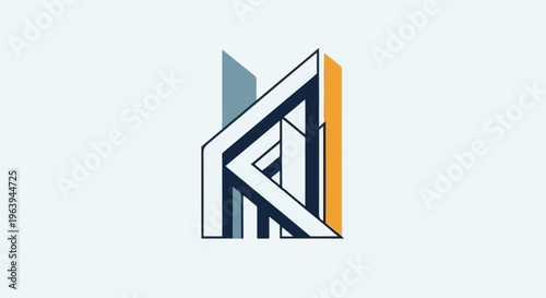 Abstract geometric logo with intersecting lines in white, blue, and orange