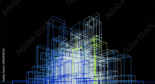 Abstract geometric network of blue and green shapes on black